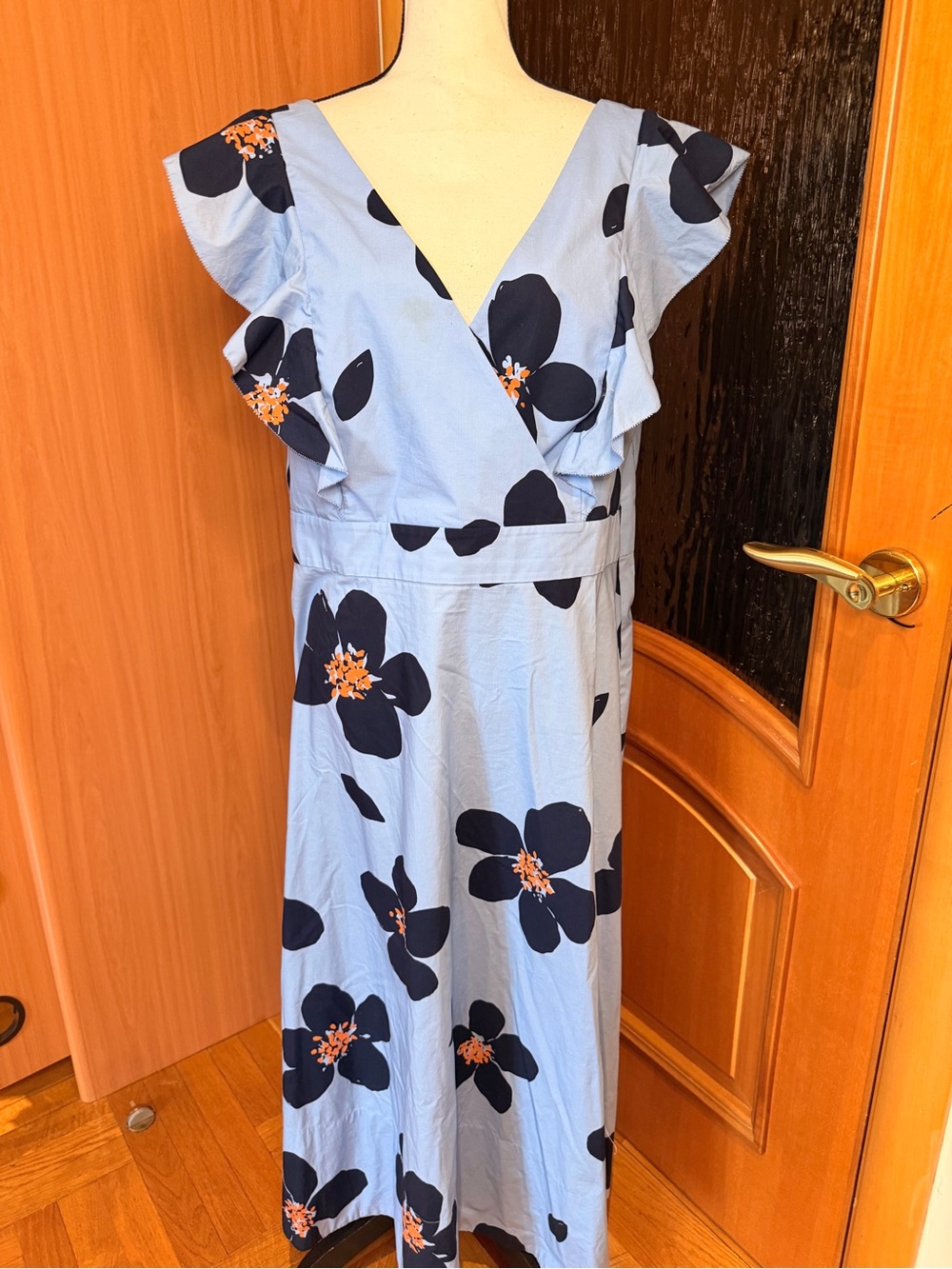 kate spade Light Blue Floral  Maxi Dress with Navy Orange Accents Sz 16